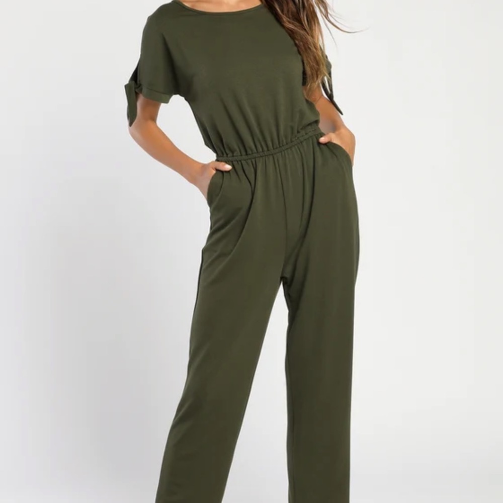 Olive Jersey Knit Tie-Sleeve Jumpsuit